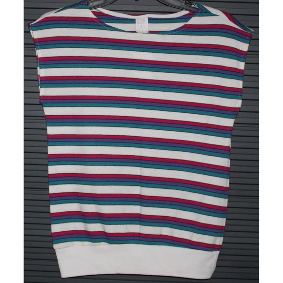 Tops - 1980's Womens Top Medium Multi Color Striped Sleeveless Boat Neck Vintage